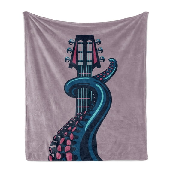 Octopus Soft Flannel Fleece Blanket, Sea Animal with Guitar Riff Musical Instrument Rock and Roll Modern Artwork Print, Cozy Plush for Indoor and Outdoor Use, 50" x 60", Lilac Blue, by Ambesonne