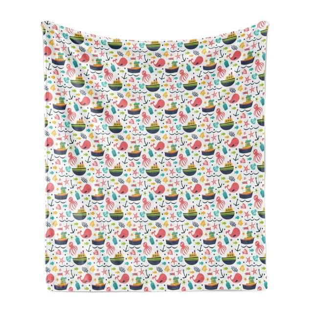 Octopus Soft Flannel Fleece Blanket, Summer Style Nursery Pattern with Steamboat Octopus Anchor Sea Starfish Seashells, Cozy Plush for Indoor and Outdoor Use, 50" x 70", Multicolor, by Ambesonne