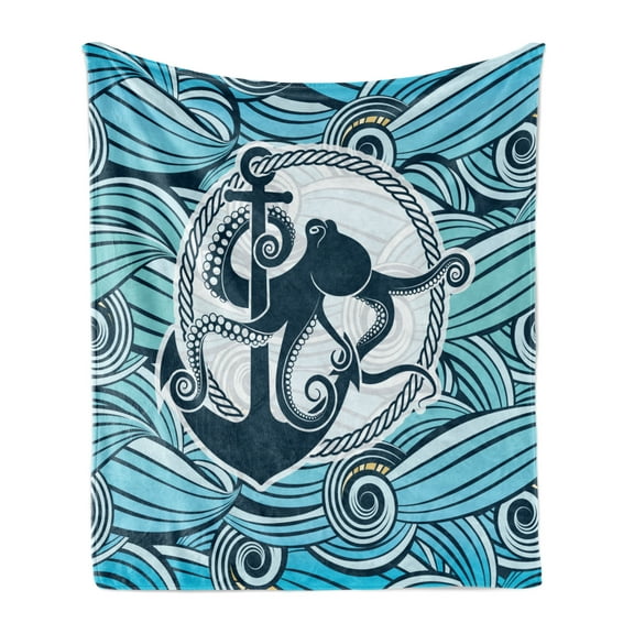 Octopus Soft Flannel Fleece Throw Blanket, Octopus Against the Background Sea Waves Nautical Design, Cozy Plush for Indoor and Outdoor Use, 50" x 60", Multicolor, by Ambesonne