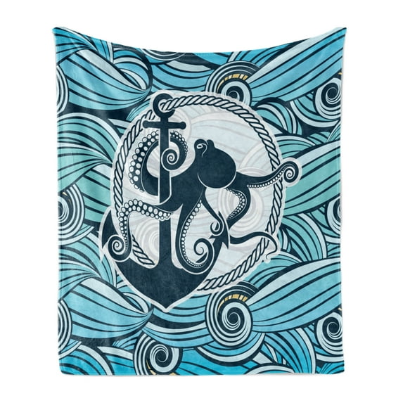 Octopus Soft Flannel Fleece Throw Blanket, Octopus Against the Background Sea Waves Nautical Design, Cozy Plush for Indoor and Outdoor Use, 60" x 80", Multicolor, by Ambesonne