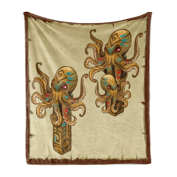 Octopus Soft Flannel Fleece Throw Blanket, Cartoon Art Tribal Monster Kraken Ornament Illustrations Sea Creature Print, Cozy Plush for Indoor and Outdoor Use, 70" x 90", Brown, by Ambesonne