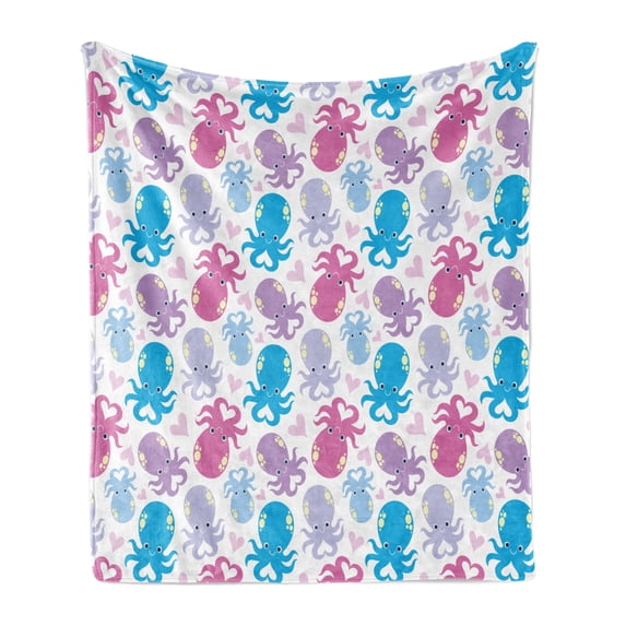 Octopus Soft Flannel Fleece Throw Blanket, Cartoon Marine Animals with Various Colors Heart Shapes Love Themed Image, Cozy Plush for Indoor and Outdoor Use, 60" x 80", Lilac Pink Blue, by Ambesonne