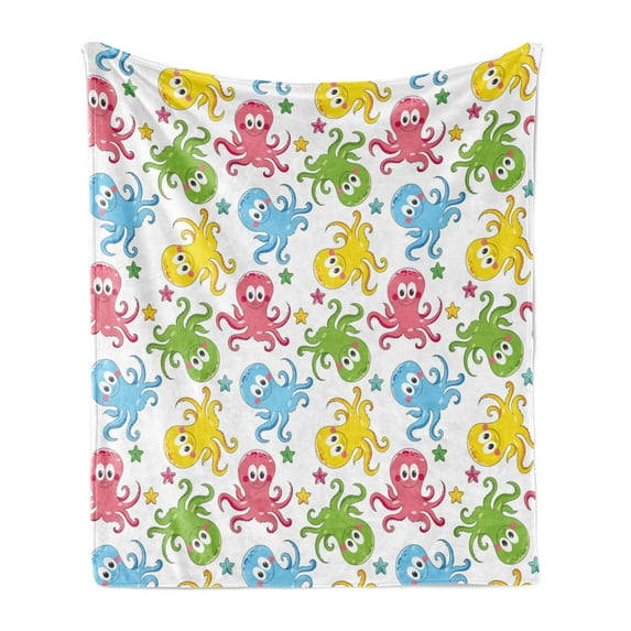 Octopus Soft Flannel Fleece Throw Blanket, Cheerful Chipper Animals in the Ocean with Starfishes Children Nautical Cartoon, Cozy Plush for Indoor and Outdoor Use, 50" x 60", Multicolor, by Ambesonne