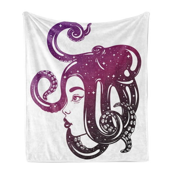 Octopus Soft Flannel Fleece Throw Blanket, Female Profile Illustration with Octopus on Her Head Creative Art, Cozy Plush for Indoor and Outdoor Use, 50" x 70", Dark Purple Magenta, by Ambesonne