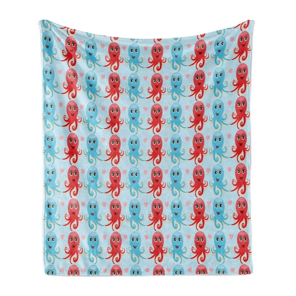 Octopus Soft Flannel Fleece Throw Blanket, Heart Shapes Love Themed Marine Inspired Animal Pattern Happy, Cozy Plush for Indoor and Outdoor Use, 50" x 70", Dark Coral Pale Blue, by Ambesonne