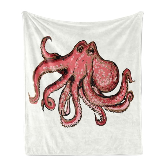 Octopus Soft Flannel Fleece Throw Blanket, Image of Octopus Underwater Wildlife Animal Illustration Print, Cozy Plush for Indoor and Outdoor Use, 50" x 70", Red Pink, by Ambesonne