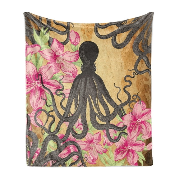 Octopus Soft Flannel Fleece Throw Blanket, Kraken Roses Leaves Tentacles Vintage Antiqued Sea Life Theme, Cozy Plush for Indoor and Outdoor Use, 70" x 90", Pale Brown Pink, by Ambesonne