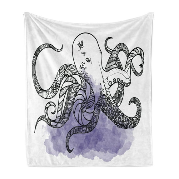 Octopus Soft Flannel Fleece Throw Blanket, Line Art Drawing Style Marine Creature with Ornaments, Cozy Plush for Indoor and Outdoor Use, 50" x 60", Lavender Black and White, by Ambesonne