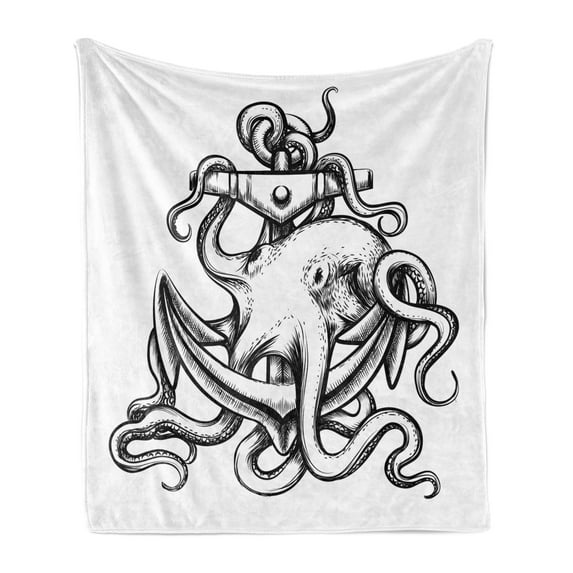 Octopus Soft Flannel Fleece Throw Blanket, Nautical Theme Anchor and Octopus with Long Tentacles Sketch Style Sea Creature, Cozy Plush for Indoor and Outdoor Use, 70" x 90", Black White, by Ambesonne