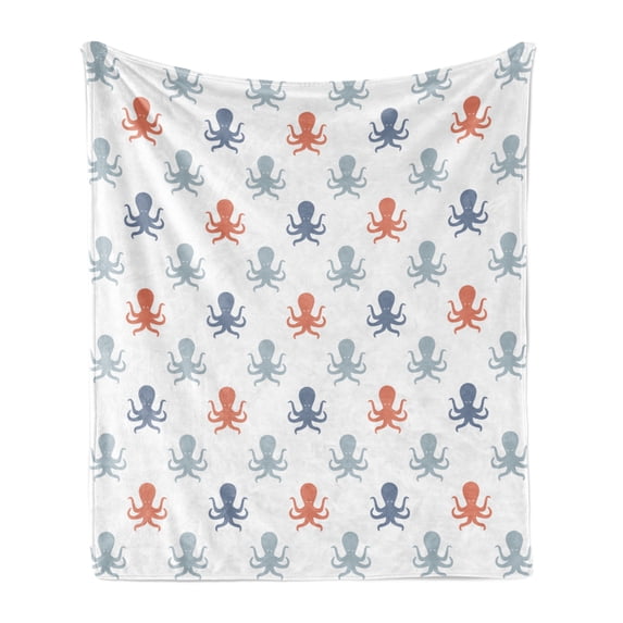Octopus Soft Flannel Fleece Throw Blanket, Ocean Animal Tentacles Silhouettes Sea Life Underwater Wildlife Abstract, Cozy Plush for Indoor and Outdoor Use, 60" x 80", Blue Grey Cinnamon, by Ambesonne