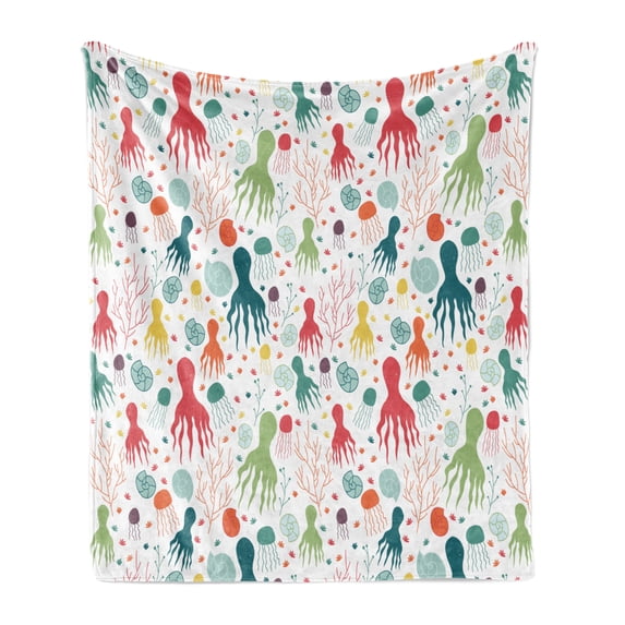 Octopus Soft Flannel Fleece Throw Blanket, Ocean Themed Animals and Plants Jellyfish Shellfish Colorful Doodle Style Design, Cozy Plush for Indoor and Outdoor Use, 50" x 70", Multicolor, by Ambesonne