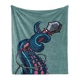 thumbnail image 1 of Octopus Soft Flannel Fleece Throw Blanket, Octopus Tentacle Holding a Microphone Retro Style Cartoon Rock and Roll Artwork, Cozy Plush for Indoor and Outdoor Use, 60" x 80", Teal Pink, by Ambesonne, 1 of 5