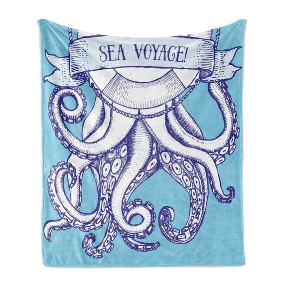 Octopus Soft Flannel Fleece Throw Blanket, Octopus and in Vintage Style with Lettering Sea Voyage Illustration, Cozy Plush for Indoor and Outdoor Use, 60" x 80", Purple Blue, by Ambesonne