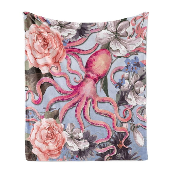 Octopus Soft Flannel Fleece Throw Blanket, Watercolor Style Vintage Inspired Pattern with Octopus and Delicate Flowers, Cozy Plush for Indoor and Outdoor Use, 60" x 80", Multicolor, by Ambesonne