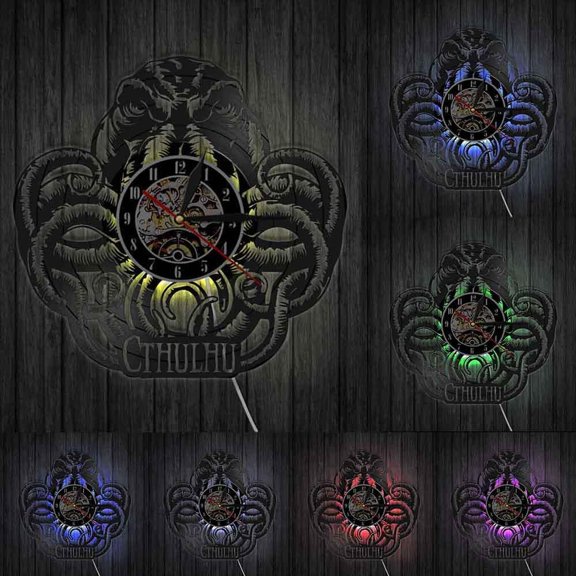 Octopus Squid Cthulhu Art Wall Clock Eldritch Cthulhu Idols Vinyl Record Wall Clock Cthulhu Deity Mythos Home Decor Modern Clock With LED