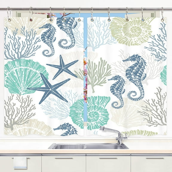 Octopus Starfish Coral Kitchen Curtains, Underwater Seashell Tropical Beach Kitchen Curtains, Nautical Ocean Kitchen Curtains Window Drape 2 Panels 27.5 x 39 Inch, Vintage Nautical Pattern Curtains