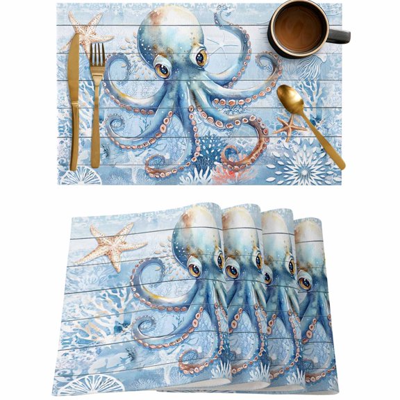 Octopus Starfish Ocean Coral Placemats Set of 4,Wipeable Washable Table Mats for Dining Tables,Summer Underwater World Place Mats for Kitchen Event Party Tabletop Decor