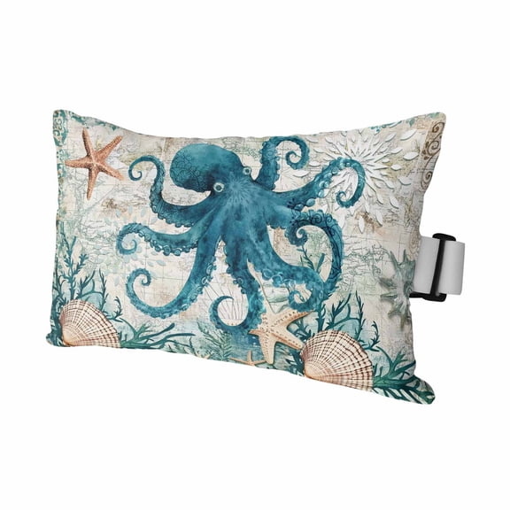 Octopus Starfish Shell Sea Monster Outdoor Pillow for Chaise Lounge Chair,Nautical Map Waterproof Headrest Lumbar Pillows with Insert&Elastic Strap for Patio Pool Garden Chairs Decor,1 Pack