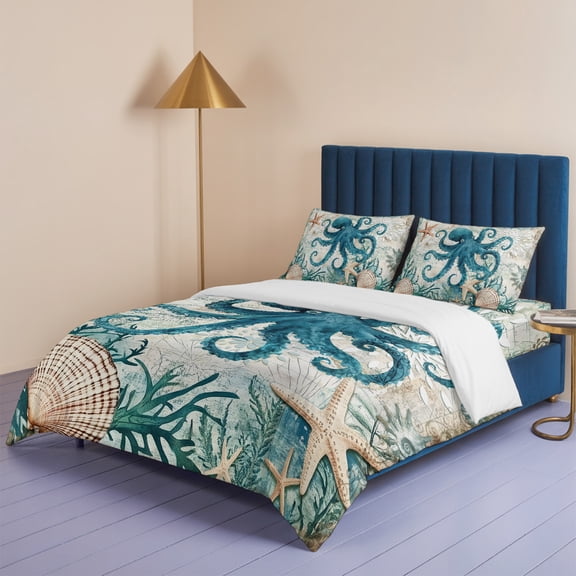 Octopus Starfish Shell Sea Monster Queen Size Bed Set,Nautical Map Bedding for All Seasons,4 Pcs Bed Set,1 Quiltcover (90"x90"),1 Sheet (90"x102"),2 Pillowcases (20"x30")