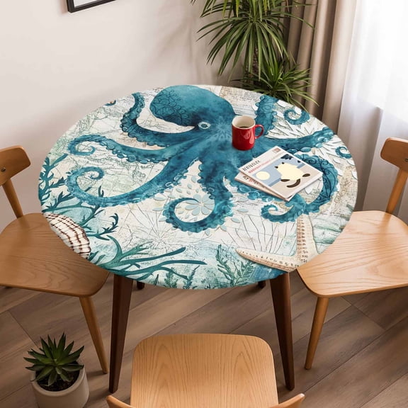 Octopus Starfish Shell Sea Monster Round Fitted Tablecloth with Elastic Edge,Waterproof Table Cloth Fits Tables Up to 45"-54",Wipeable Washable Table Cover for Indoor Outdoor Dinning,Nautical Map