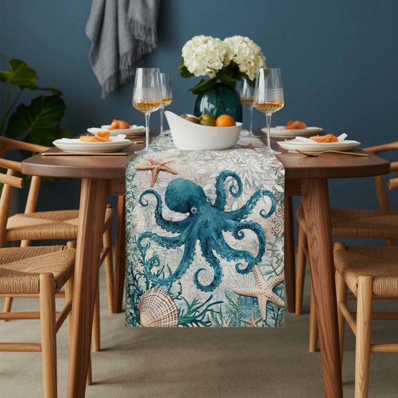 Octopus Starfish Shell Sea Monster Table Runner-36 Inch Long Nautical Map Table Runners Linen Burlap Tablerunner for Kitchen Dining Room Holiday Party