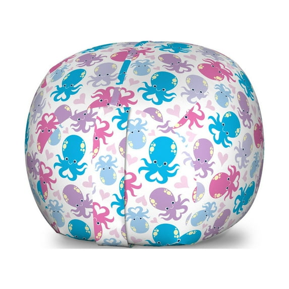 Octopus Storage Toy Bag Chair, Cartoon Marine Animals with Various Colors Heart Shapes Love Themed Image, Stuffed Animal Organizer Washable Bag, Small Size, Lilac Pink Blue, by Ambesonne