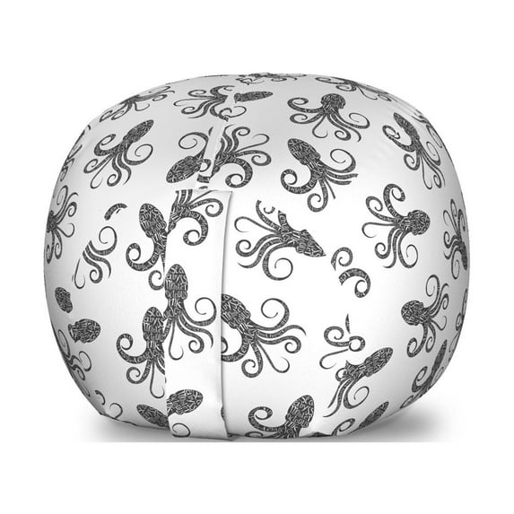 Octopus Storage Toy Bag Chair, Pattern with Typographic Monochrome Octopus Silhouettes with Hand Lettering, Stuffed Animal Organizer Washable Bag, Small Size, Black and White, by Ambesonne