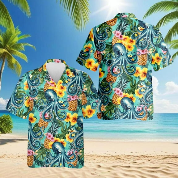 Octopus Summer Hawaiian Shirt for Men, Button Down Summer Beach Short Sleeve, Tropical Style, Sizes S-5XL