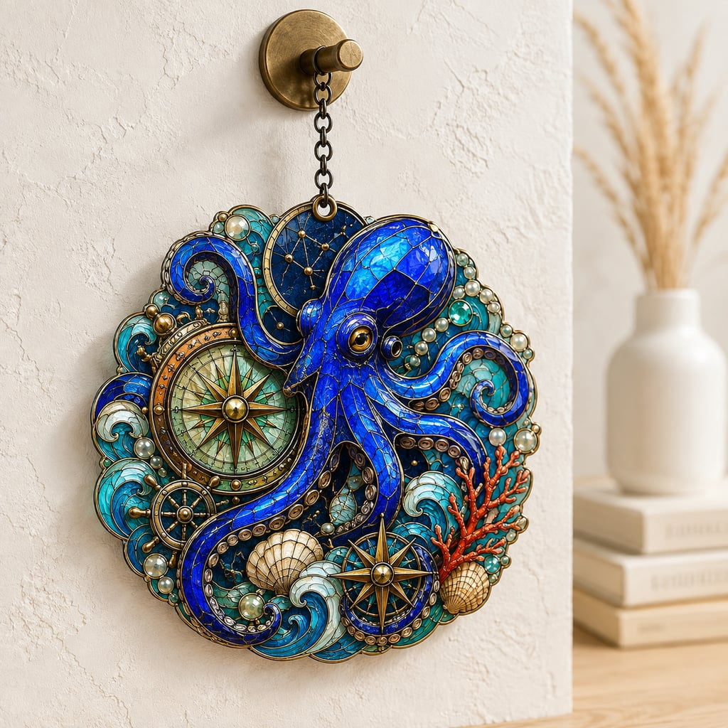 Octopus Suncatcher, Compass Ocean Acrylic Window Hanging for Nautical ...