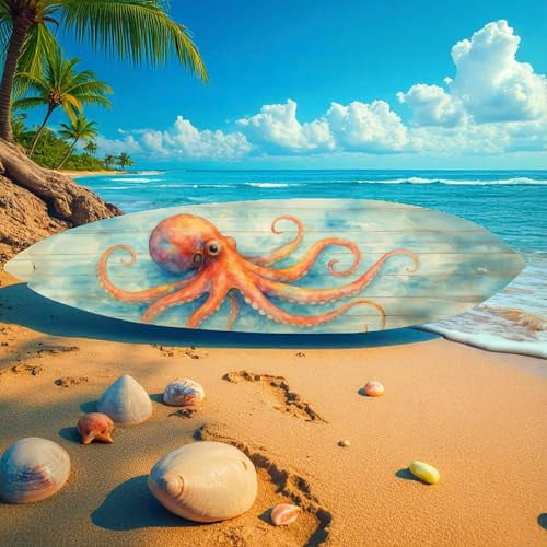 Octopus Surfboard Wall Art – Coastal Nautical Decor, PVC Outdoor Beach Sign, Ocean Lover Gift, Octopus Decoration, 5 Foot