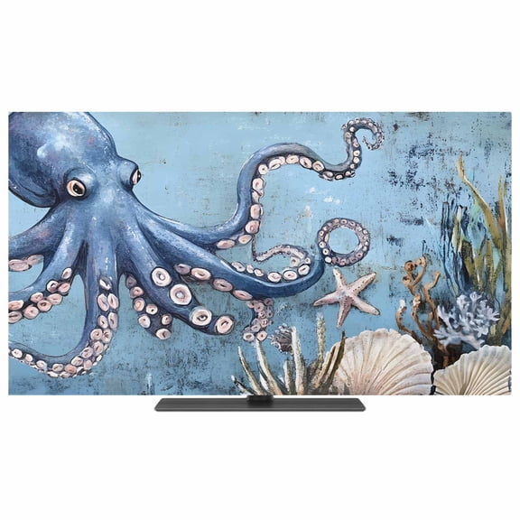 Octopus TV Dust Cover,Stretchable TV Screen Desktop Computer Protector Cover,Blue Ocean Coastal Starfish Shell Coral Retro Television Dustproof Slipcover for 19–24 Inch Flat or Curved TVs
