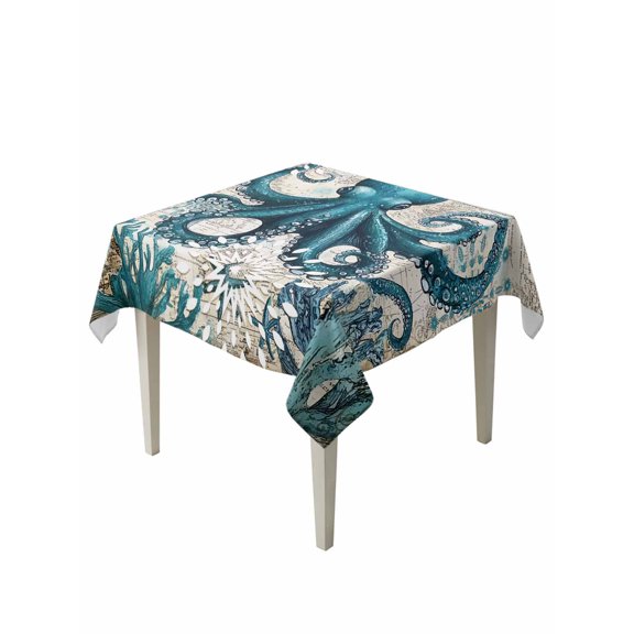 Octopus Table Cloth 54x54 Inch Square, Nautical Navy Blue Kraken Coral Vintage Coastal Map Waterproof Tablecloth Washable Table Cover for Party Picnic Dinner Decor