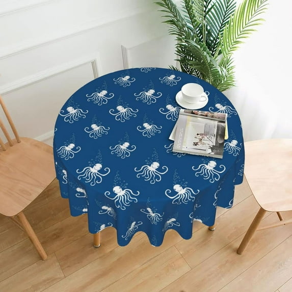 Octopus Table Cloth Round Table Cover Wrinkle Resistant Waterproof Tablecloth 60 Inch Washable for Kitchen Party Picnic Blue