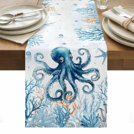 Octopus Table Runner - 36 Inch Long, Kitchen Dining Table Runner Dresser Scarves, Blue Coastal Starfish Ocean Coral Nautical Farmhouse Decor for Coffee Tables Wedding Party Banquet