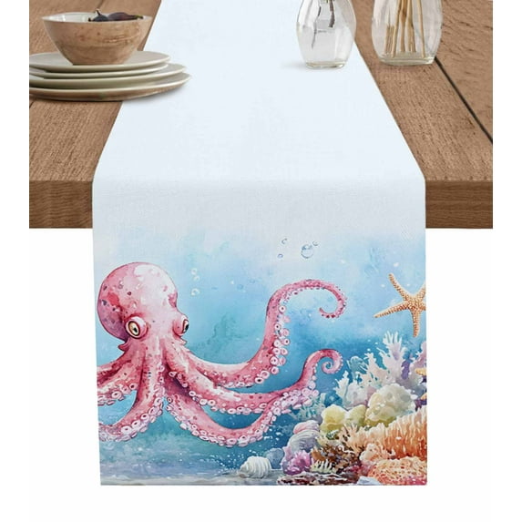 Octopus Table Runner Cotton Linen 90 Inch Holiday Dresser Scarves, Coastal Starfish Watercolor Blue Ocean Coral Tablerunner for Kitchen Coffee Dining Bedroom Living Room Dinner Scarf Décor 13''x90''