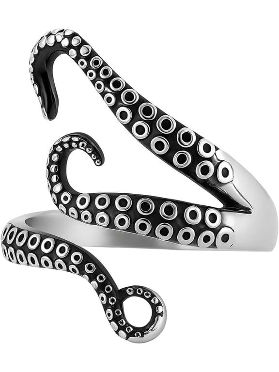 Octopus Tentacle Ring, Vintage Style, Adjustable, Silver and Black