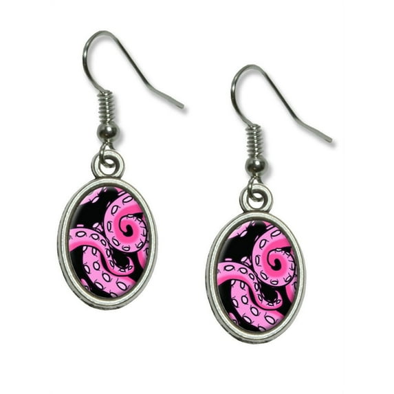 Octopus Tentacles Pink On Black - Squid Kraken Dangling Drop Oval Earrings