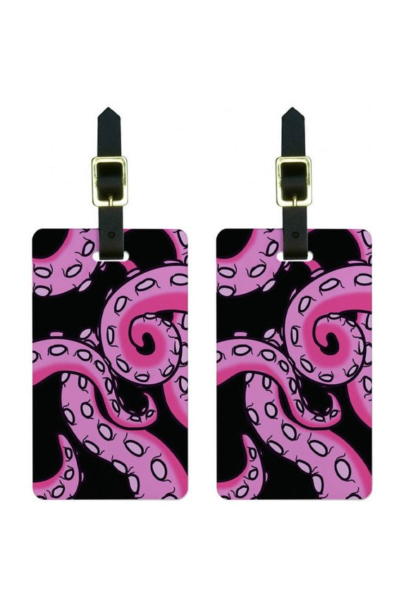 Octopus Tentacles Pink On Black Squid Kraken Luggage Tags Suitcase ID, Set of 2