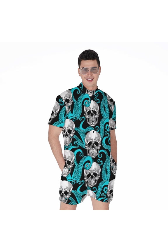 Octopus Tentacles Skull Pattern Short Sleeve Men'S Rompers, Skull Lover Gifts Casual Summer Jumpsuits Outfit