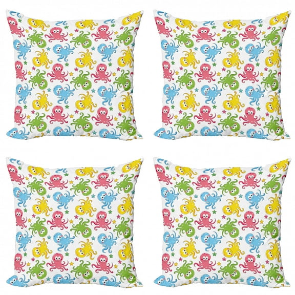 Ambesonne Octopus Throw Pillow Cover 4 Pack, Cheerful Ocean Animals, 24", Multicolor