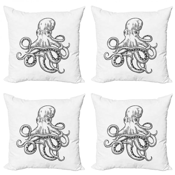 Ambesonne Octopus Throw Pillow Cover 4 Pack, Sea Animal Hand Drawn Image, 16", White Charcoal Grey