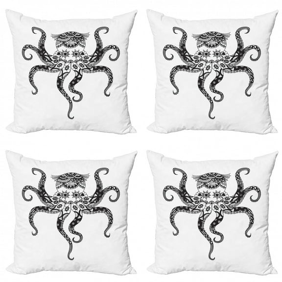 Octopus Throw Pillow Cushion Case Pack of 4, Monochrome Pattern of a Sea Animal Ornamented in Boho Style Art Print, Modern Accent Double-Sided Print, 4 Sizes, White and Charcoal Grey, by Ambesonne
