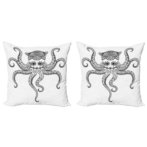 Ambesonne Octopus Throw Pillow Cover 2 Pack, Mandala Ethnic, 18", Black White