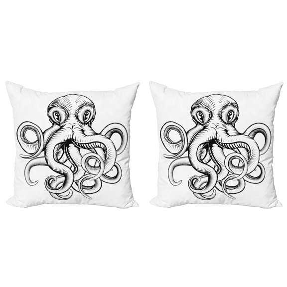 Ambesonne Octopus Throw Pillow Cover 2 Pack, Sketch Monochrome Art, 20", Brown White