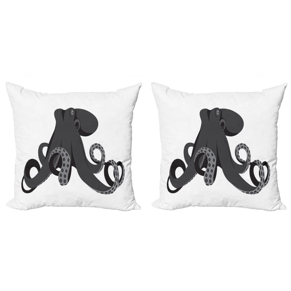 Octopus Throw Pillow Cushion Cover Pack of 2, Nautical Image of Animal in Monochrome Style on Plain Backdrop Art Print, Zippered Double-Side Digital Print, 4 Sizes, White and Dark Grey, by Ambesonne