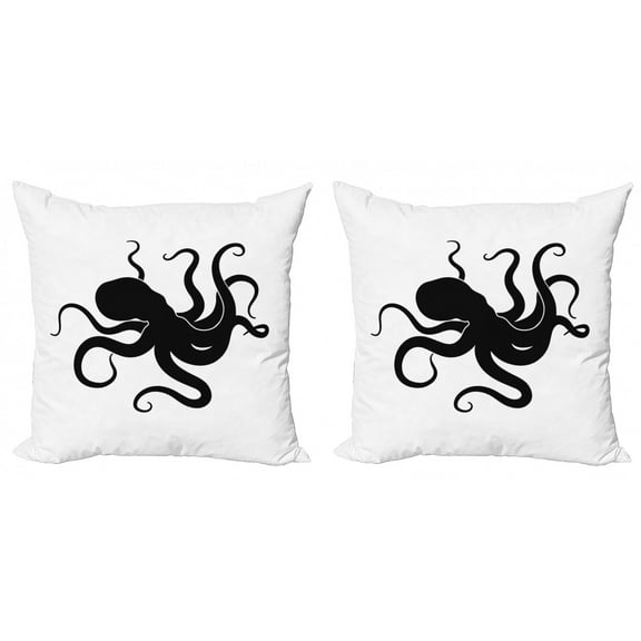 Ambesonne Octopus Throw Pillow Cover 2 Pack, Giant Sea Animal Silhouette, 20", White Charcoal Grey