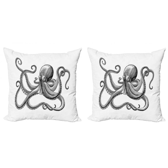 Ambesonne Octopus Throw Pillow Cover 2 Pack, Vintage Style Sea Animal, 20", White and Charcoal Grey