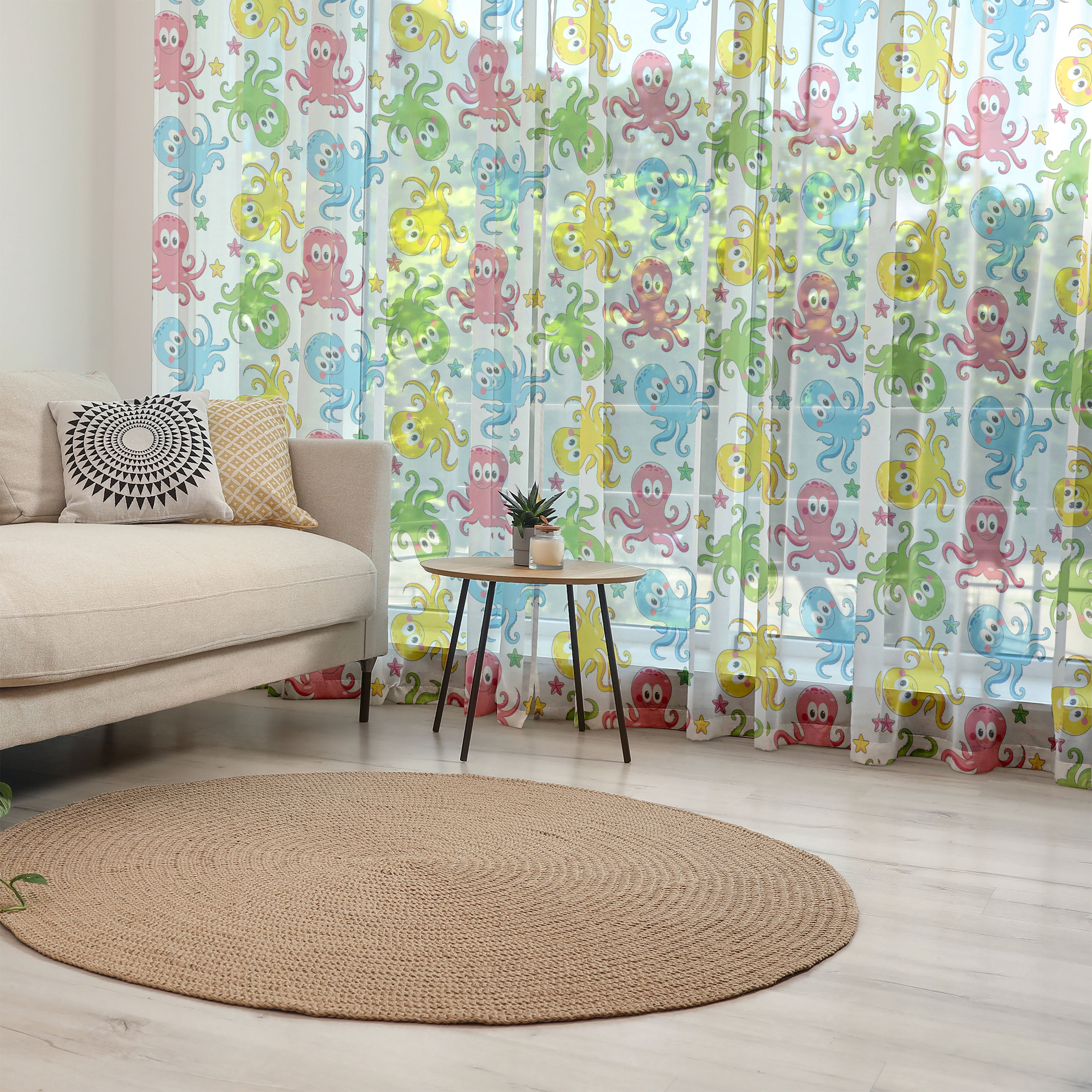 Octopus Tulle Curtains with Rod Pocket, Cheerful Chipper Animals in the ...