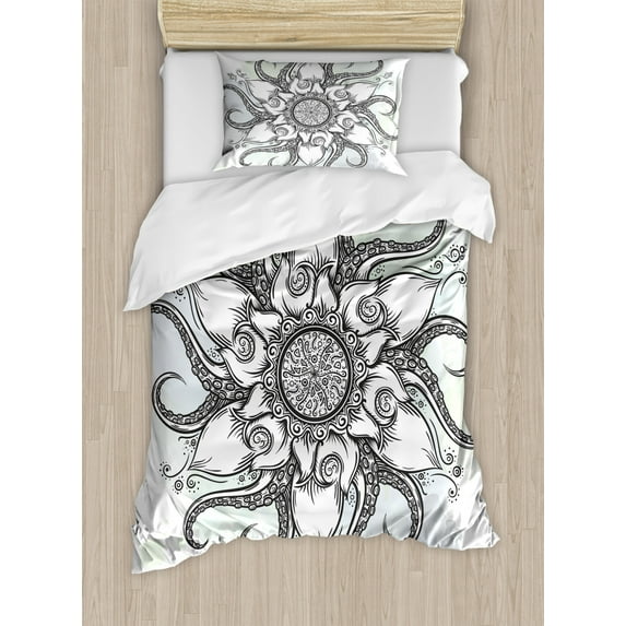 Octopus Twin Size Duvet Cover Set, Trippy Nautical Mandala Abstract Artwork with Tentacle and Floral Elements Design, Decorative 2 Piece Bedding Set with 1 Pillow Sham, Grey White, by Ambesonne