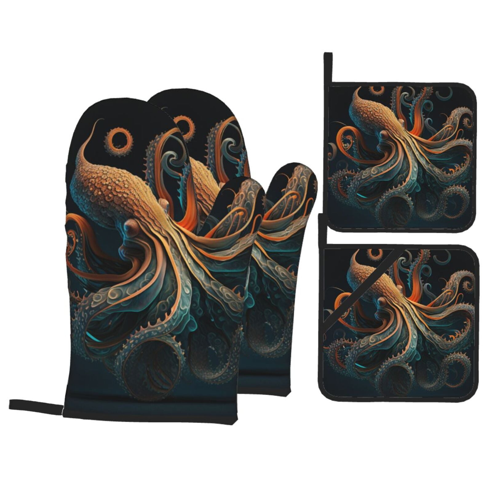 Octopus Twisted Tentacles Art 4Pcs Oven Mitts and Pot Holders Sets Oven Kitchen Gloves Hot Pads for Cooking BBQ Baking Grilling